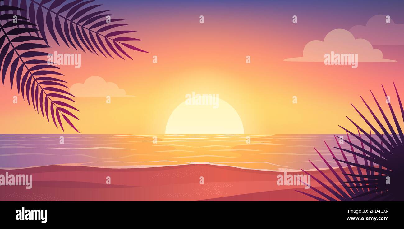 Splendida vista romantica dell'oceano e della spiaggia tropicale al tramonto, della natura e dello sfondo del viaggio Illustrazione Vettoriale