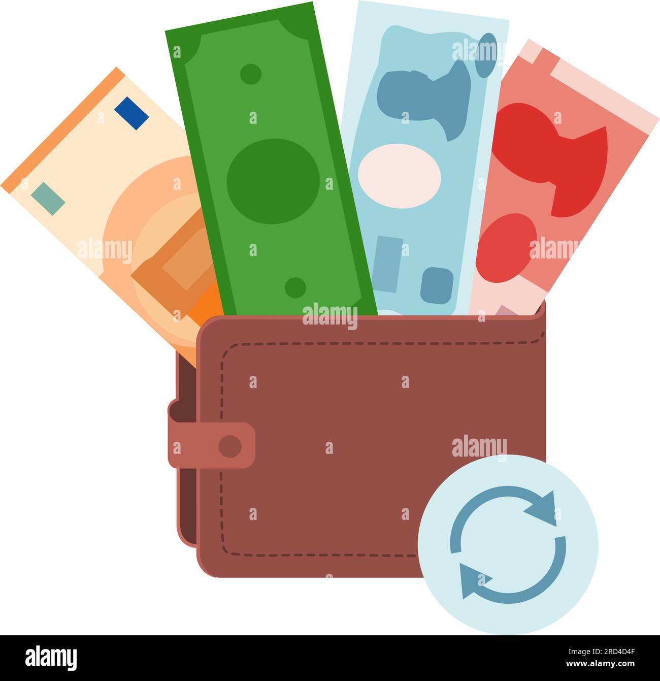 Portafoglio con molte valute internazionali: Euro, dollaro, yen e yuan Illustrazione Vettoriale