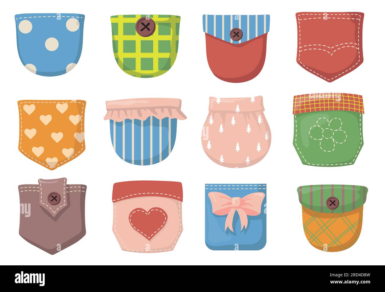 Ampia gamma di tasche applicate colorate, set di articoli piatti Illustrazione Vettoriale