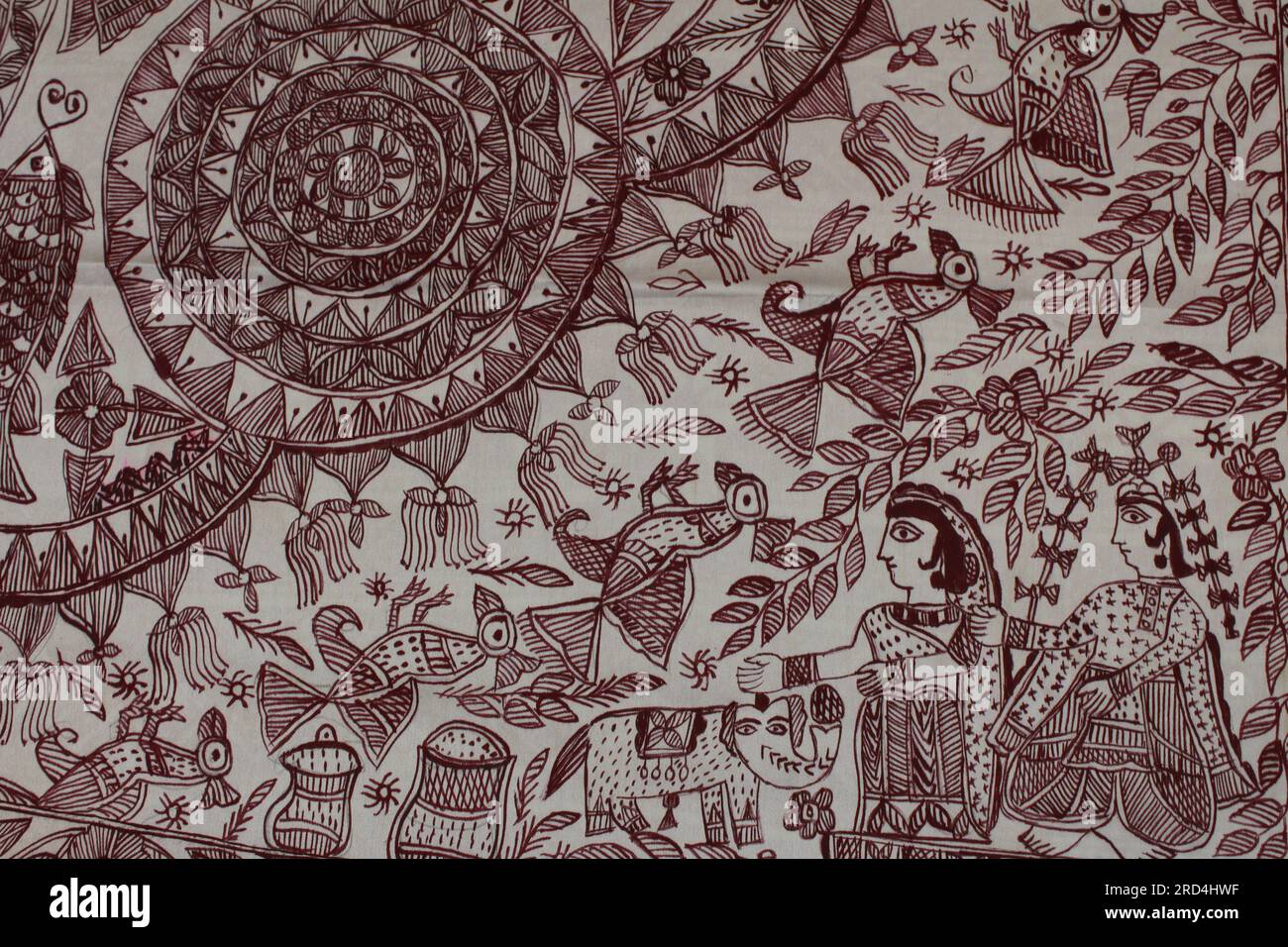 Pittura Madhubani o pittura di Mithila , famosa arte popolare indiana . Stile Kohbar della pittura di Mithila . Foto Stock