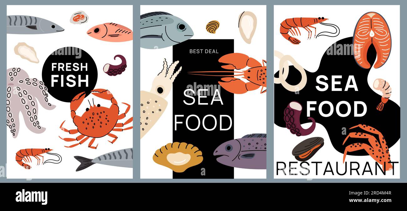 Cartoni animati di pesce. Banner per prodotti marini. Fresche prelibatezze del ristorante. Gustoso pesce e ostriche. Calamari oceanici naturali. Aragosta e cozze. Tonno o. Illustrazione Vettoriale