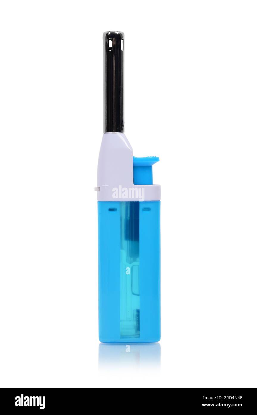 Accendino blu per cucina isolato su bianco Foto Stock