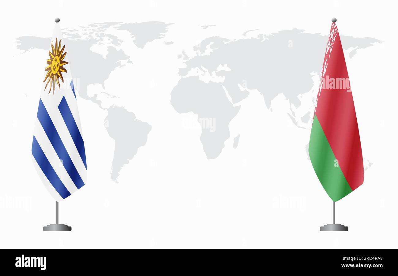 Bandiere uruguaiane e bielorusse per un incontro ufficiale sullo sfondo della mappa mondiale. Illustrazione Vettoriale