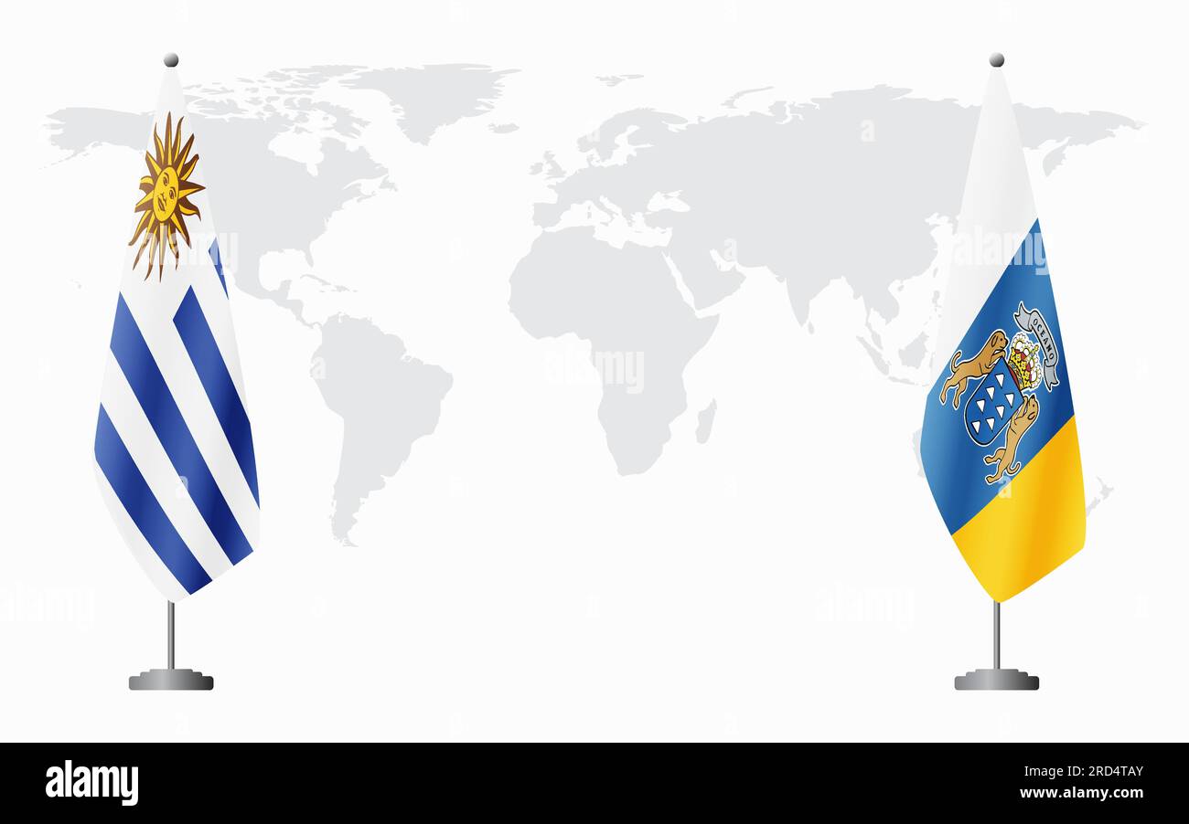 Bandiere dell'Uruguay e delle Isole Canarie per incontri ufficiali sullo sfondo della mappa mondiale. Illustrazione Vettoriale