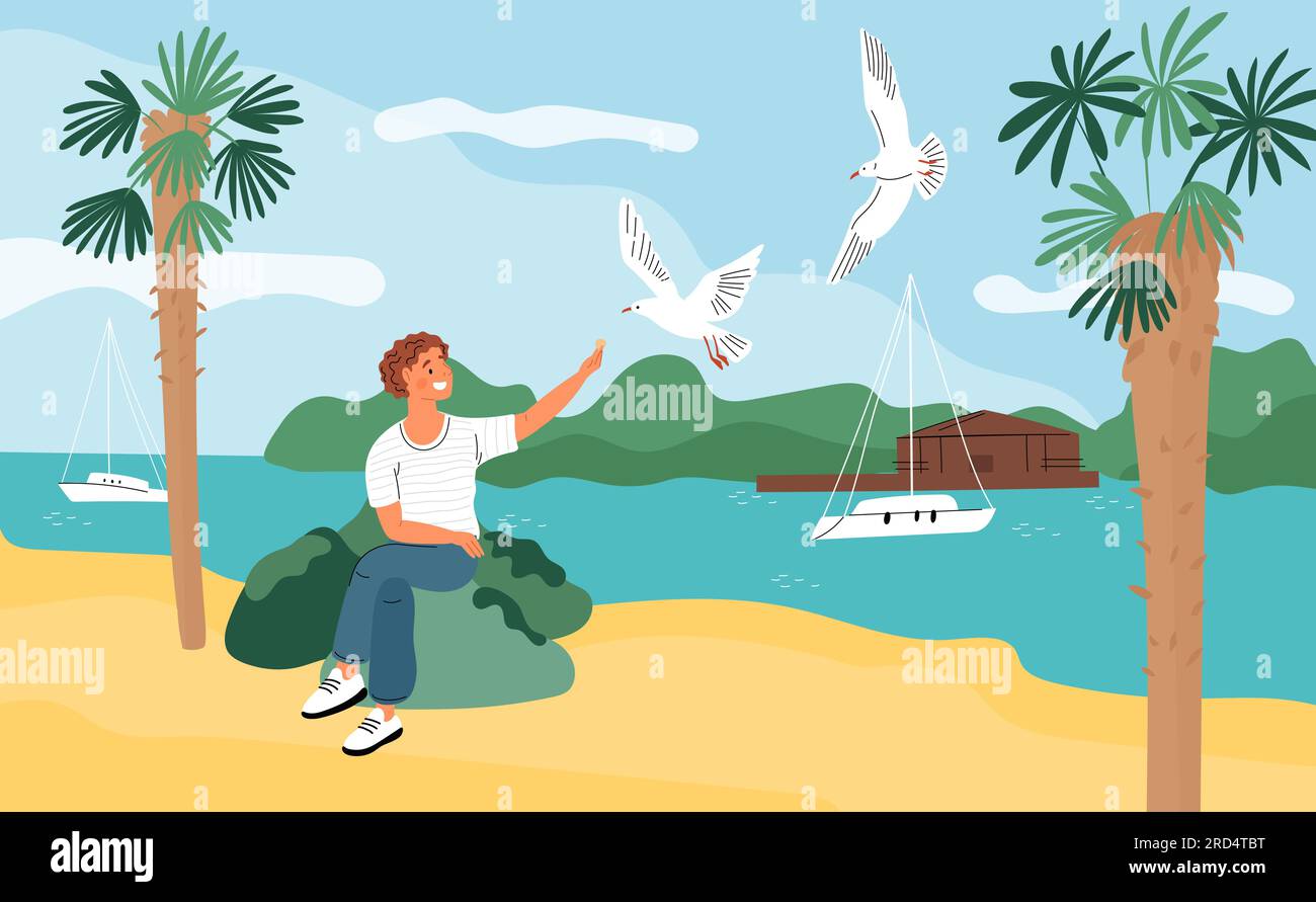 Il ragazzo felice alimenta i gabbiani in spiaggia. Relax estivo al mare. L'uomo dà cibo agli uccelli. Yacht e palme. Costa oceanica. Persona che dà da mangiare ai gabbiani in riva al mare Illustrazione Vettoriale