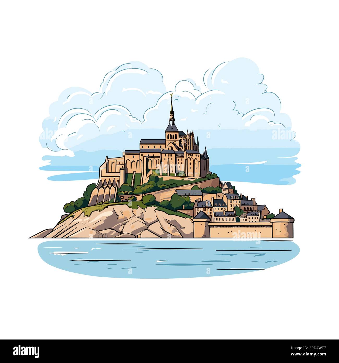 Mont Saint Michel. Mont Saint-Michel illustrazione fumettistica disegnata a mano. Illustrazione di cartoni animati in stile doodle vettoriale Illustrazione Vettoriale