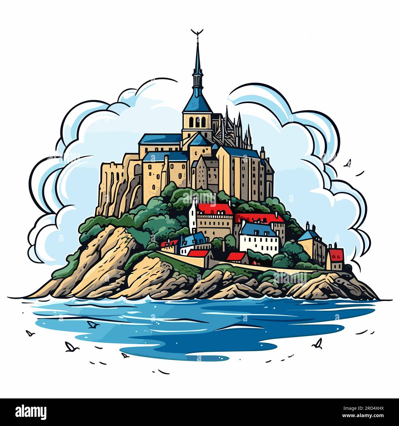 Mont Saint Michel. Mont Saint-Michel illustrazione fumettistica disegnata a mano. Illustrazione di cartoni animati in stile doodle vettoriale Illustrazione Vettoriale