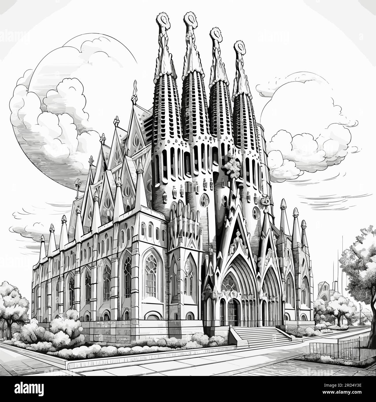 Sagrada Familia. Illustrazione fumettistica disegnata a mano dalla Sagrada Familia. Illustrazione di cartoni animati in stile doodle vettoriale Illustrazione Vettoriale