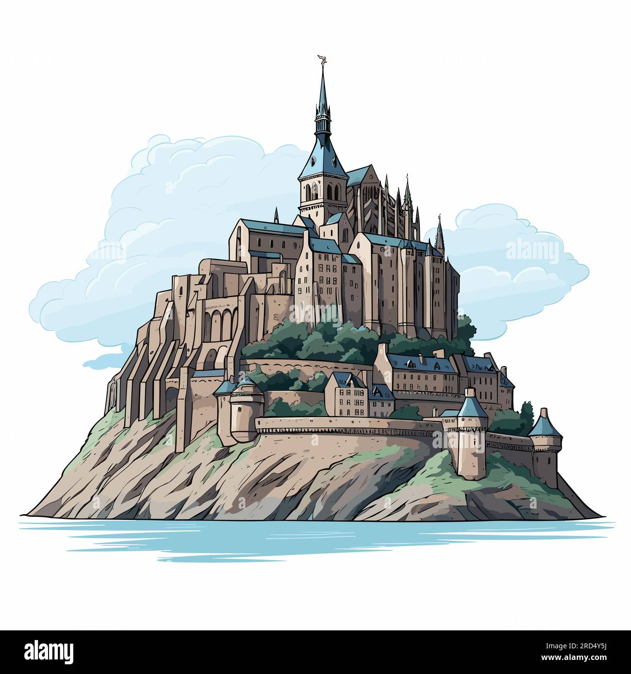 Mont Saint Michel. Mont Saint-Michel illustrazione fumettistica disegnata a mano. Illustrazione di cartoni animati in stile doodle vettoriale Illustrazione Vettoriale