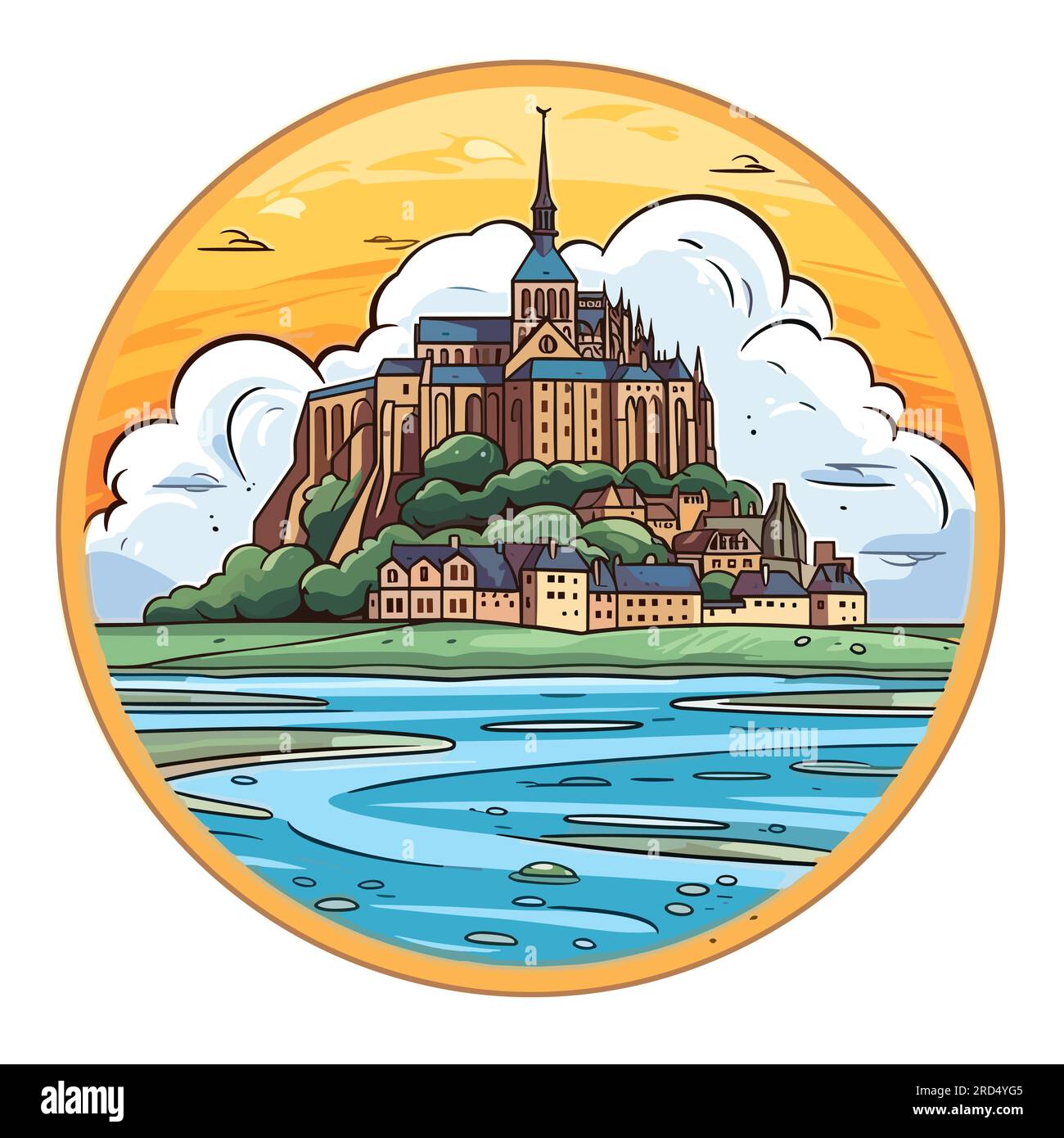 Mont Saint Michel. Mont Saint-Michel illustrazione fumettistica disegnata a mano. Illustrazione di cartoni animati in stile doodle vettoriale Illustrazione Vettoriale