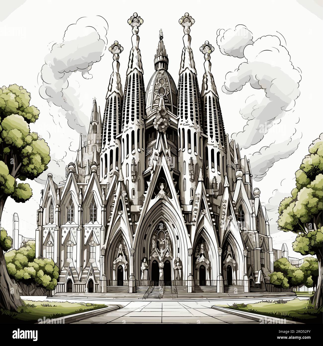 Sagrada Familia. Illustrazione fumettistica disegnata a mano dalla Sagrada Familia. Illustrazione di cartoni animati in stile doodle vettoriale Illustrazione Vettoriale