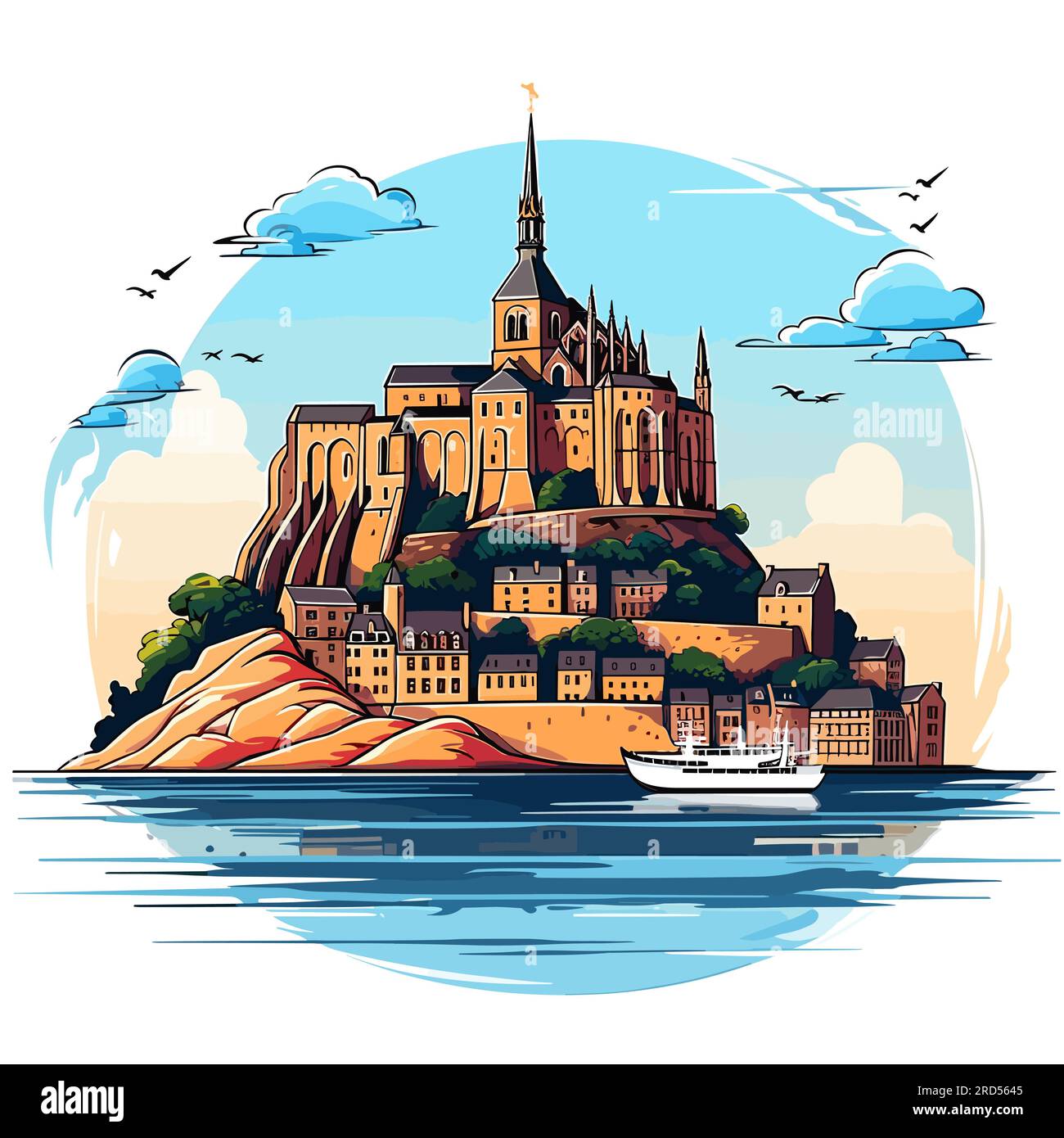 Mont Saint Michel. Mont Saint-Michel illustrazione fumettistica disegnata a mano. Illustrazione di cartoni animati in stile doodle vettoriale Illustrazione Vettoriale