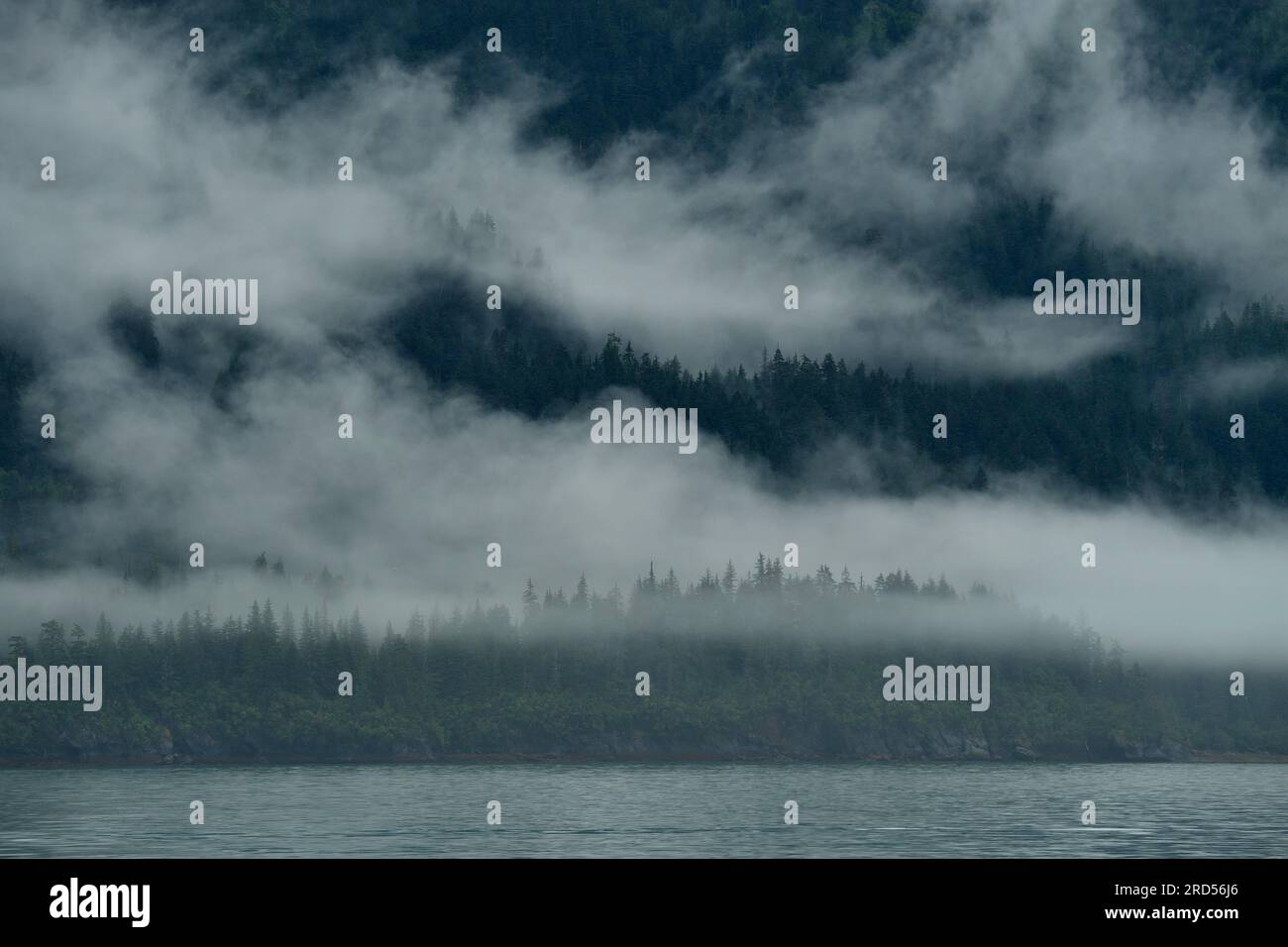 Il vento occidentale spinge le nuvole contro i ripidi pendii delle montagne Chugach, l'umidità nutre la foresta pluviale, Prince William Sound Foto Stock