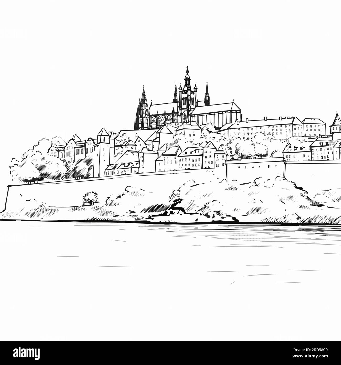 Castello di Praga. Illustrazione a fumetti disegnata a mano nel castello di Praga. Illustrazione di cartoni animati in stile doodle vettoriale Illustrazione Vettoriale