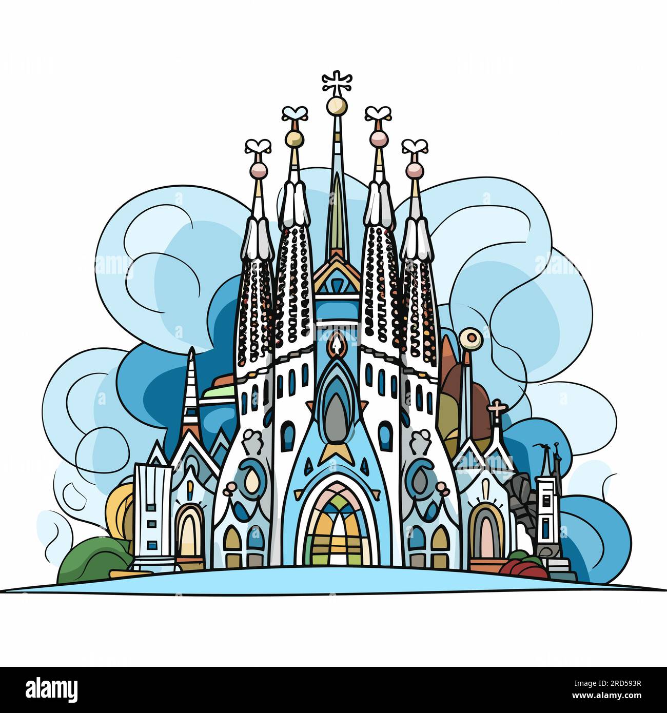 Sagrada Familia. Illustrazione fumettistica disegnata a mano dalla Sagrada Familia. Illustrazione di cartoni animati in stile doodle vettoriale Illustrazione Vettoriale