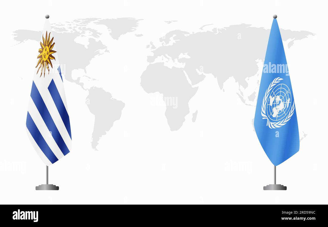 Bandiere dell'Uruguay e delle Nazioni Unite per un incontro ufficiale sullo sfondo della mappa mondiale. Illustrazione Vettoriale