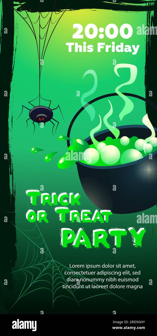 Trick or Treat Party questo venerdì. Ragno e calderone Illustrazione Vettoriale