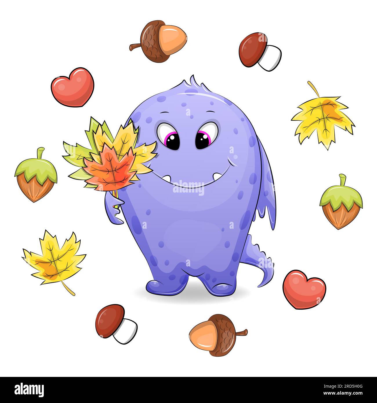 Simpatico mostro dei cartoni animati con foglie cadute in una cornice autunnale. Illustrazione vettoriale con noci, ghiande, funghi, foglie e cuori. Illustrazione Vettoriale