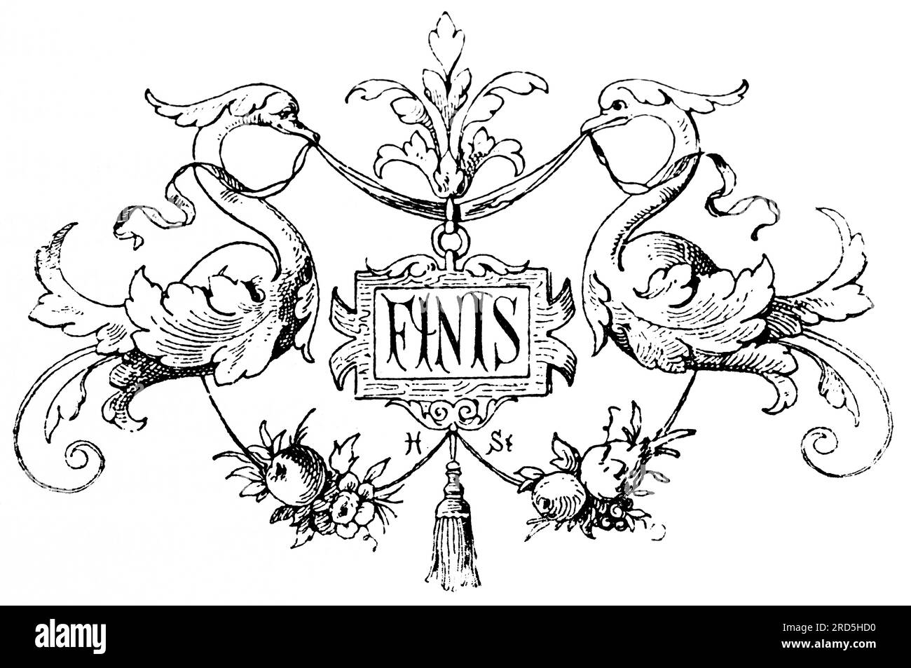 Emblema Finis decorato con cigni, fine, passato, ornamenti, riflessi, storia, illustrazione storica 1894 Foto Stock