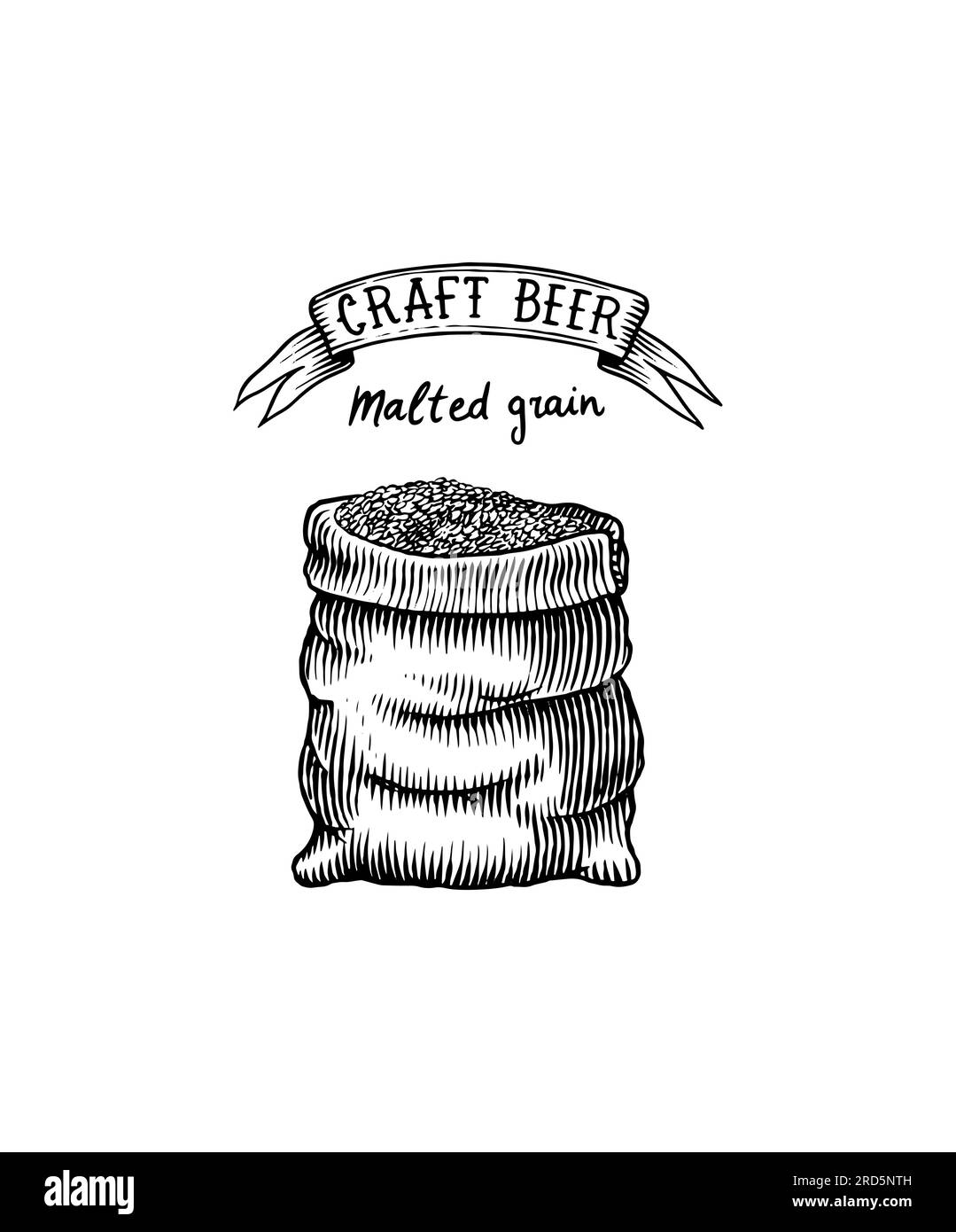 Sacchetto di grano e cereali e luppolo per preparare la birra. Illustrazione di uno schizzo disegnato a mano per menu, etichetta, icona o poster. Illustrazione Vettoriale