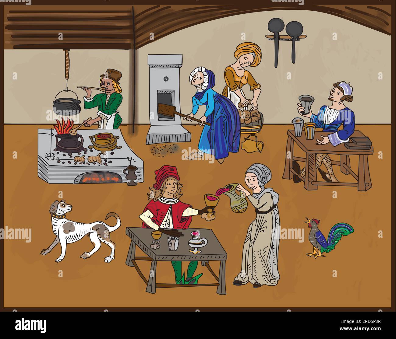 Scena di taverna in stile medievale, che serve donne, nobili che mangiano e bevono, cucinano sul fuoco e sul carbone, in stile tagliato a legna Illustrazione Vettoriale