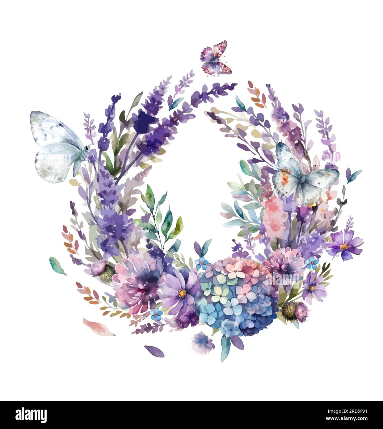 Corona con fiori ad acquerello viola e lilla. Illustrazione vettoriale Illustrazione Vettoriale