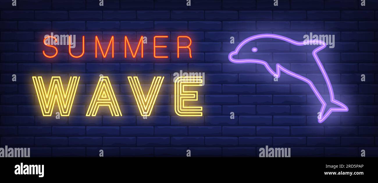 Onda estiva, testo al neon e delfino Illustrazione Vettoriale