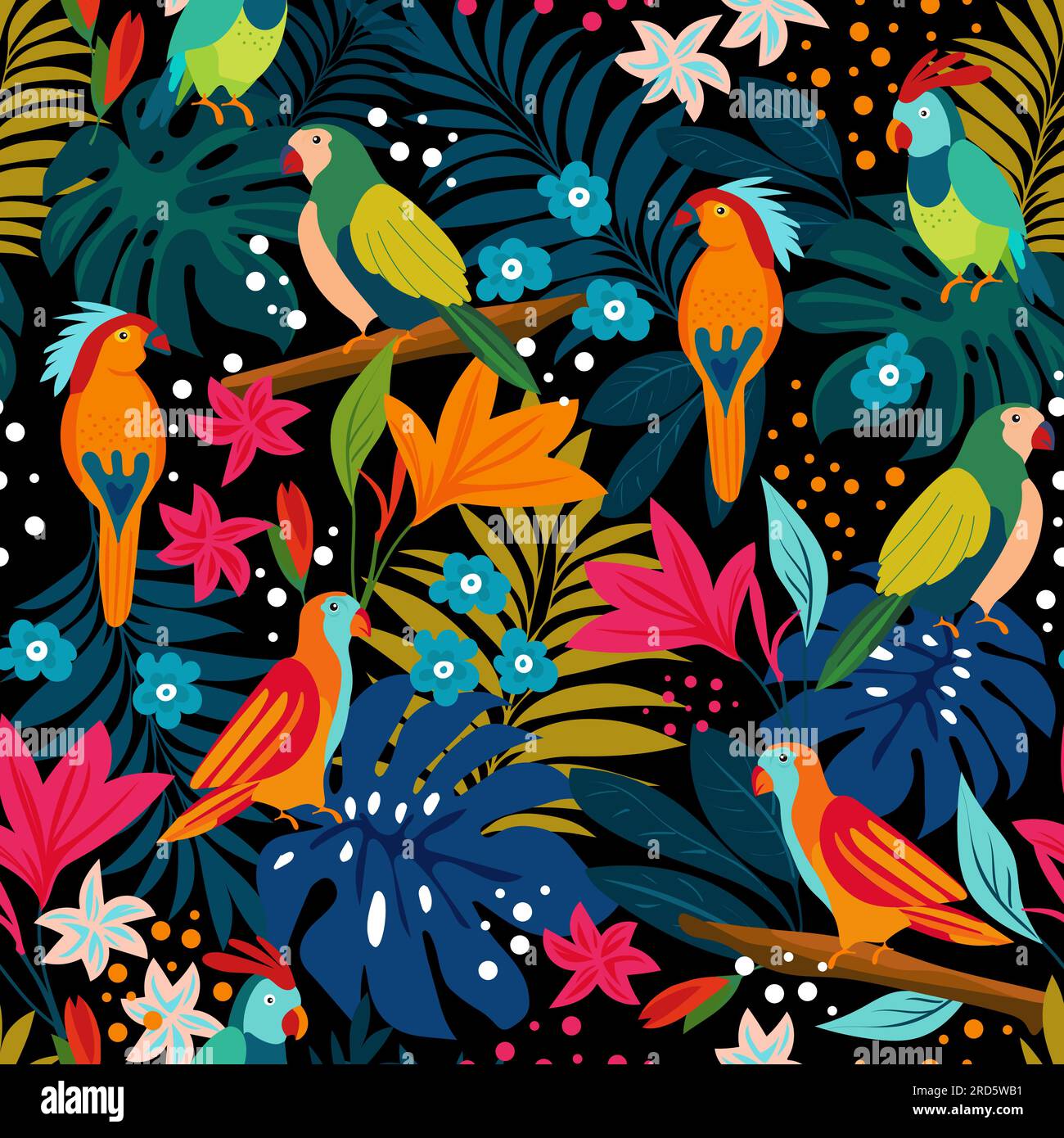 Motivo senza cuciture di pappagalli sui rami tropicali con foglie e fiori tropicali. Vettore cartoon Illustrazione Vettoriale