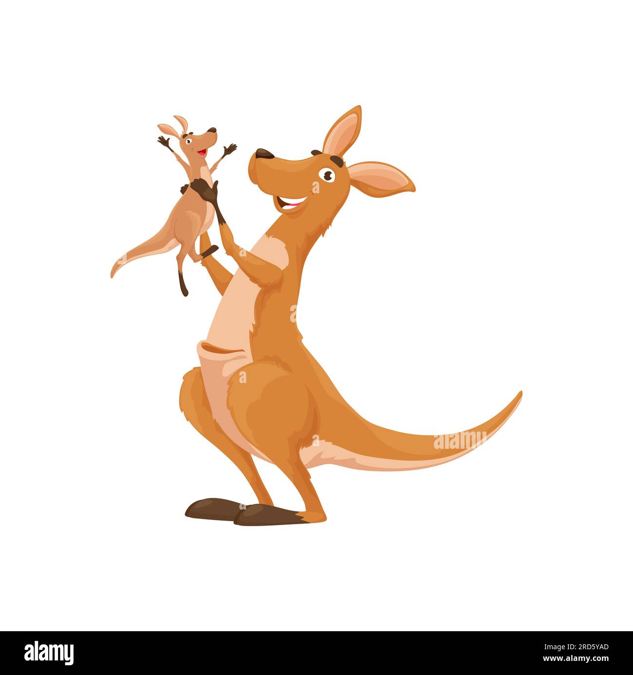 Madre dei cartoni animati e piccoli personaggi canguri. Animali wallaby vettoriali australiani, famiglia, mamma e bambino. I personaggi dei fumetti dei bambini e dei genitori wallaroo sorridenti e isolati. Amore, infanzia, scena genitoriale Illustrazione Vettoriale