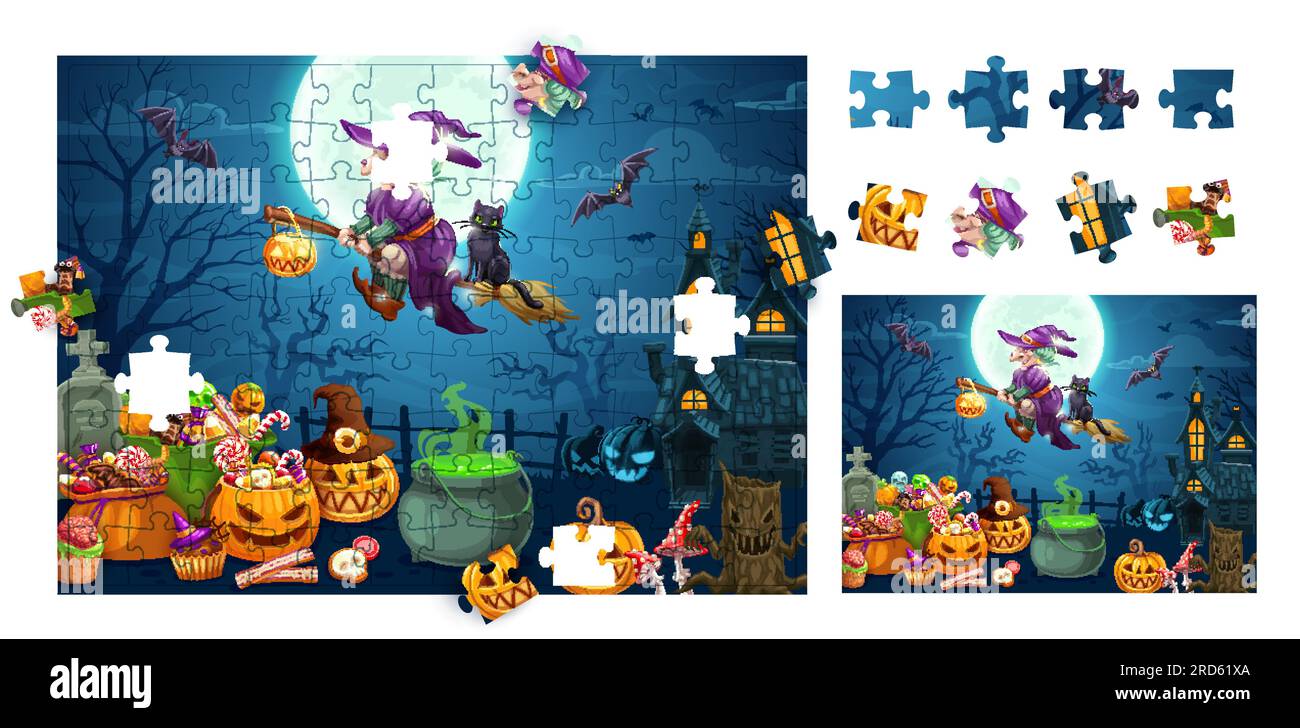 Cartoni animati di Halloween e strega volante. Pezzi puzzle. Foglio di lavoro vettoriale per sviluppare l'attenzione. L'attività logica trova dettagli che non rientrano nel quadro. Pagina di quiz teaser per bambini Illustrazione Vettoriale