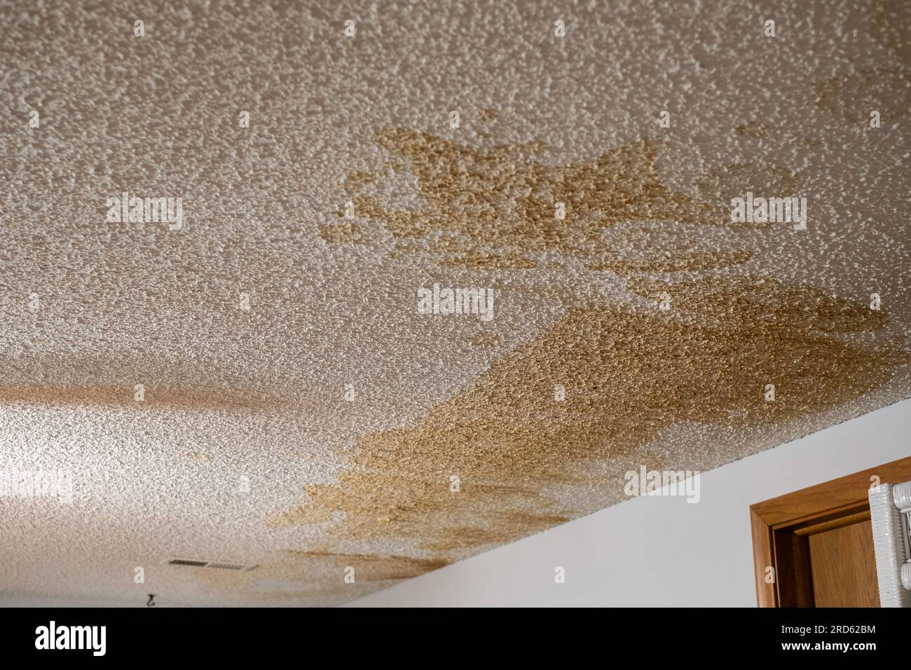 Macchie d'acqua sul soffitto interno della casa con finitura popcorn dopo una grave perdita d'acqua. USA. Foto Stock