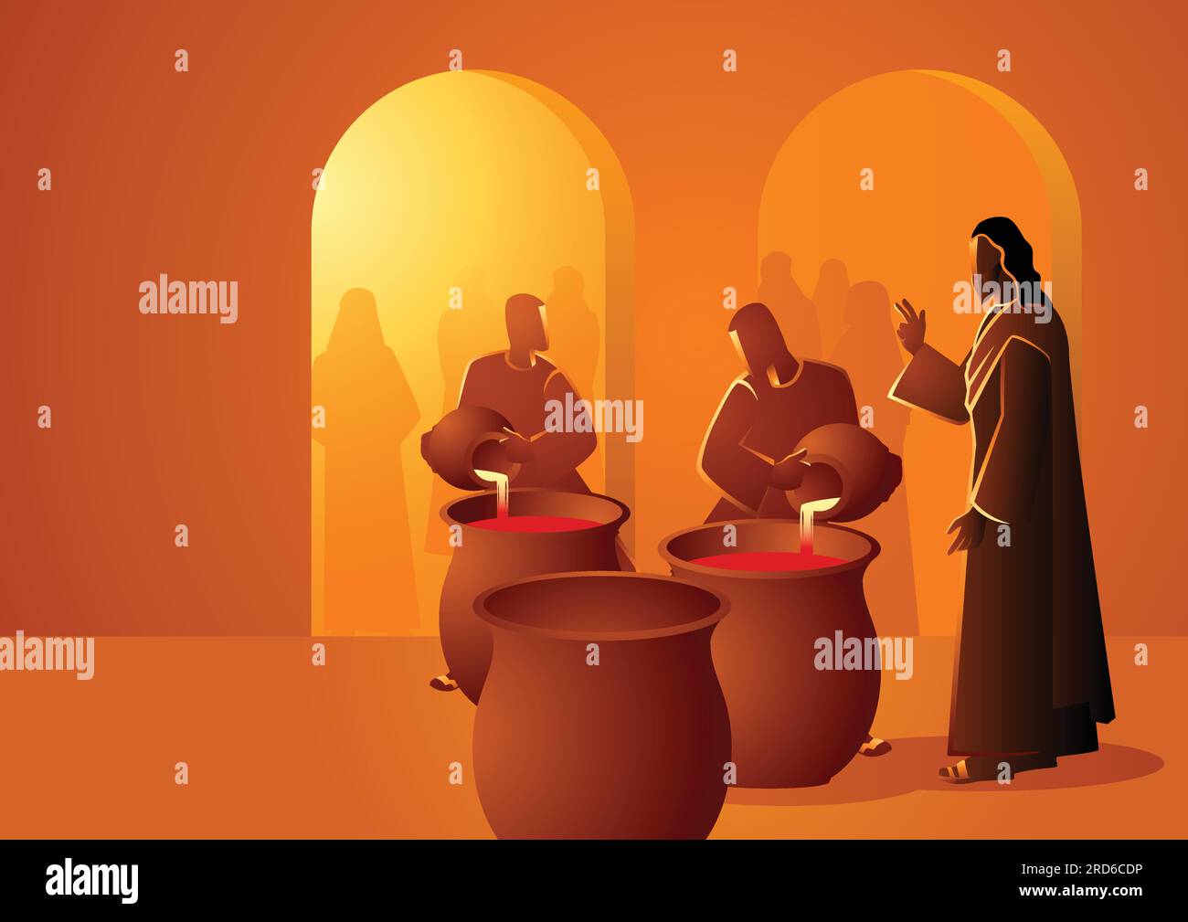 Serie di illustrazioni vettoriali bibliche, Gesù trasforma l'acqua in vino Illustrazione Vettoriale