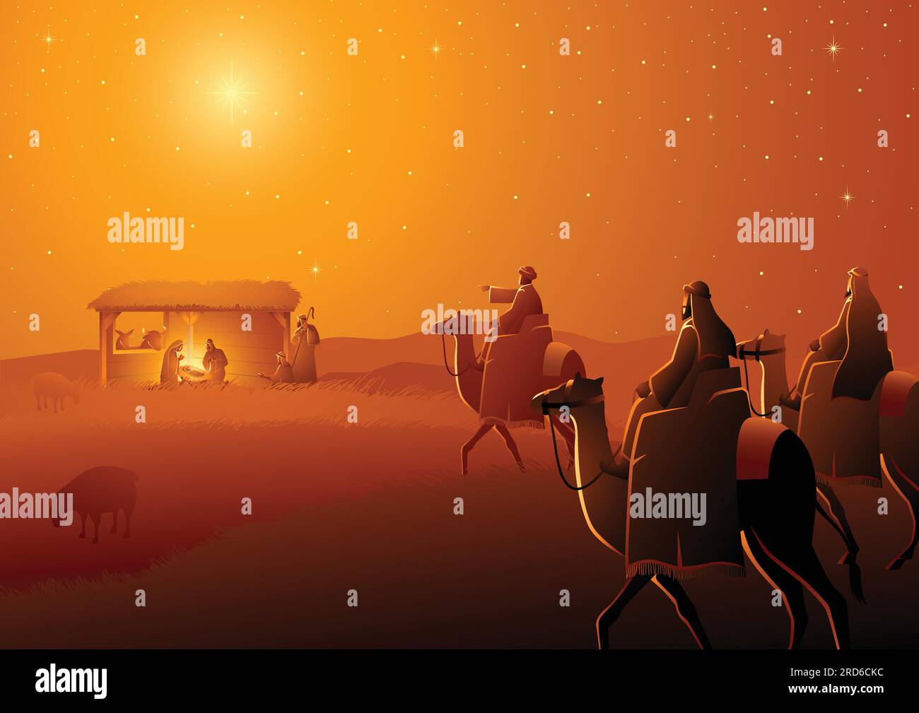 Serie di illustrazioni vettoriali bibliche, presepio della Sacra Famiglia e tre saggi. Tema di Natale Illustrazione Vettoriale