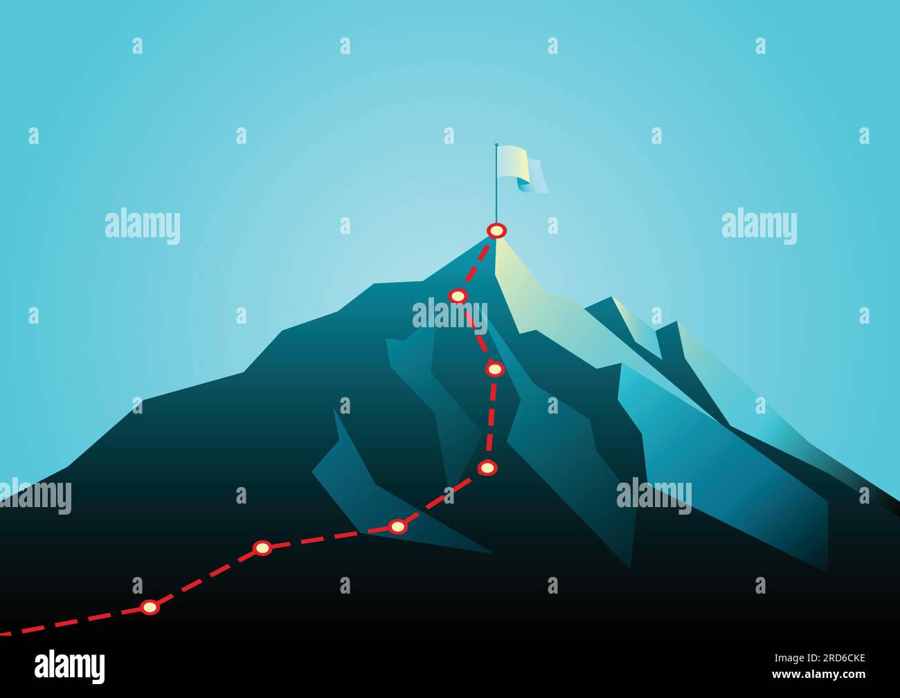 Business Concept illustrazione vettoriale di una montagna con percorso grafico rosso, percorso a picco di montagna, viaggio d'affari e concetto di pianificazione. Illustrazione Vettoriale
