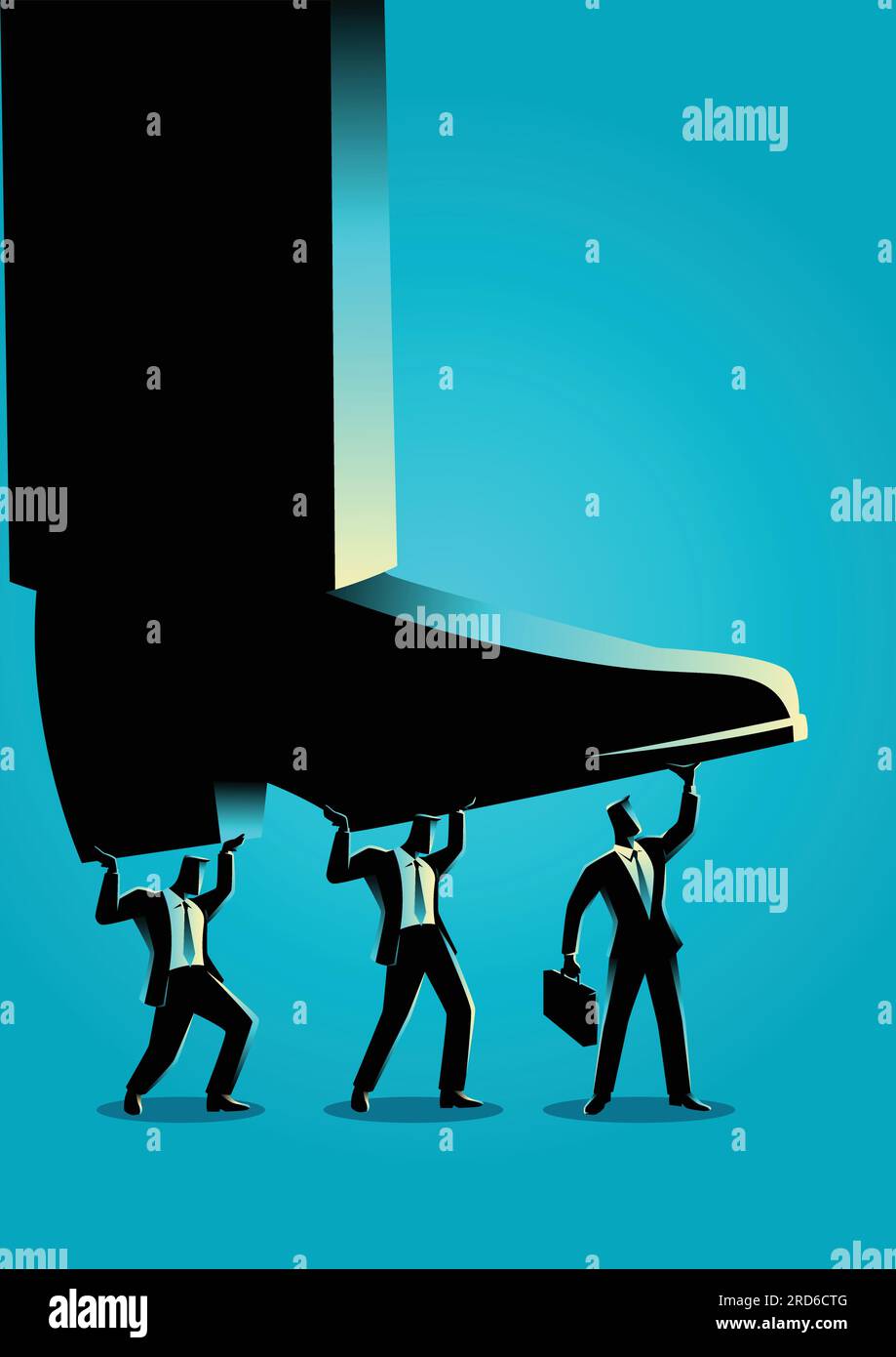 Business Concept vettore illustrazione di uomini d'affari che cercano di sollevare piede gigante Illustrazione Vettoriale