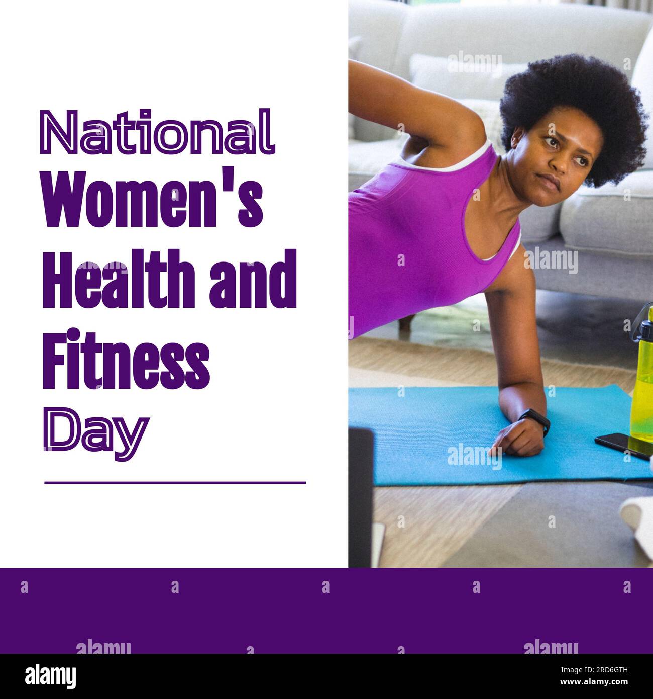 Testo del giorno di salute e fitness delle donne nazionali con la donna afro-americana che si esercita a casa Foto Stock