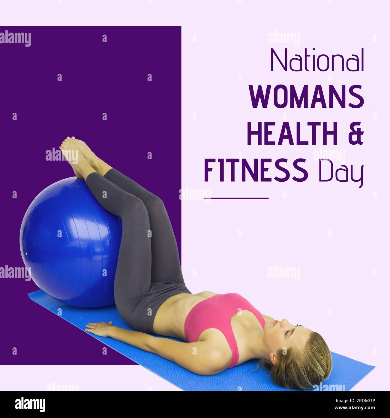 Testo della giornata di salute e fitness delle donne nazionali con l'allenamento della donna caucasica con la palla di esercizio Foto Stock