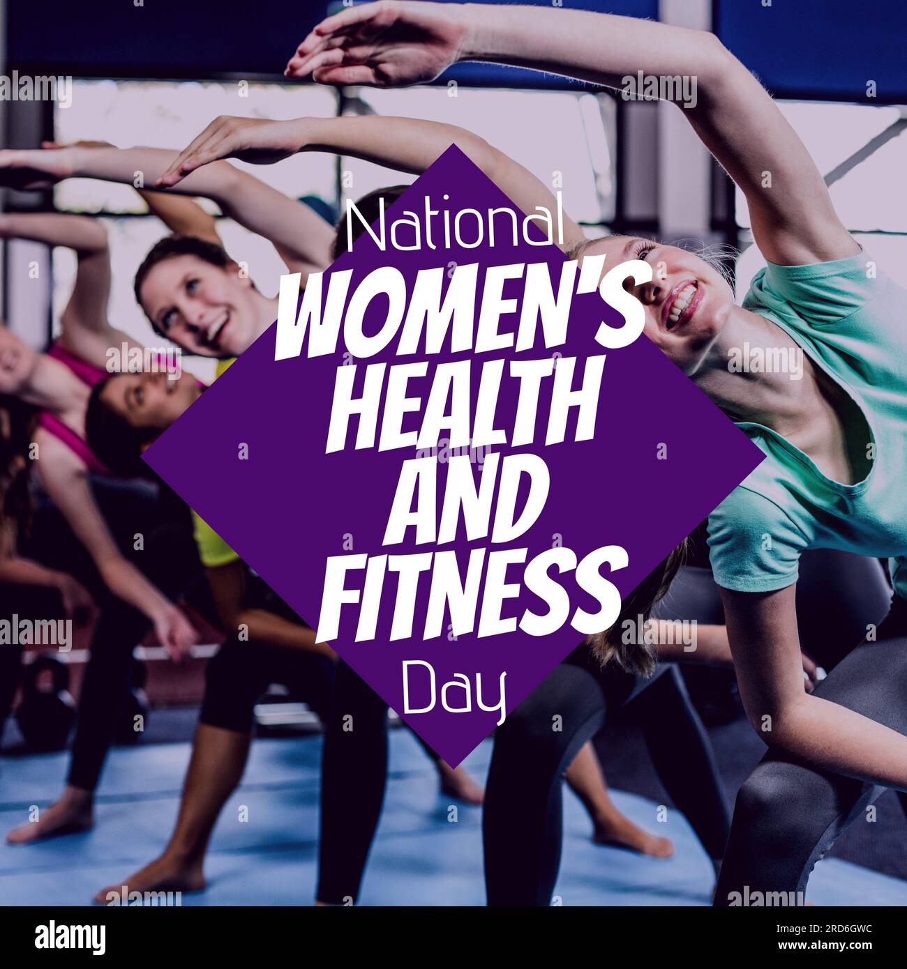 Testo della giornata di salute e fitness delle donne nazionali su diversi gruppi femminili alla lezione di yoga Foto Stock