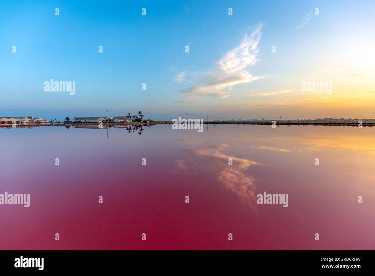 Panoramica delle Salinas de San Pedro del Pinatar, Murcia, Spagna, con riflessi del cielo sulla salina rosa e il cielo blu Foto Stock