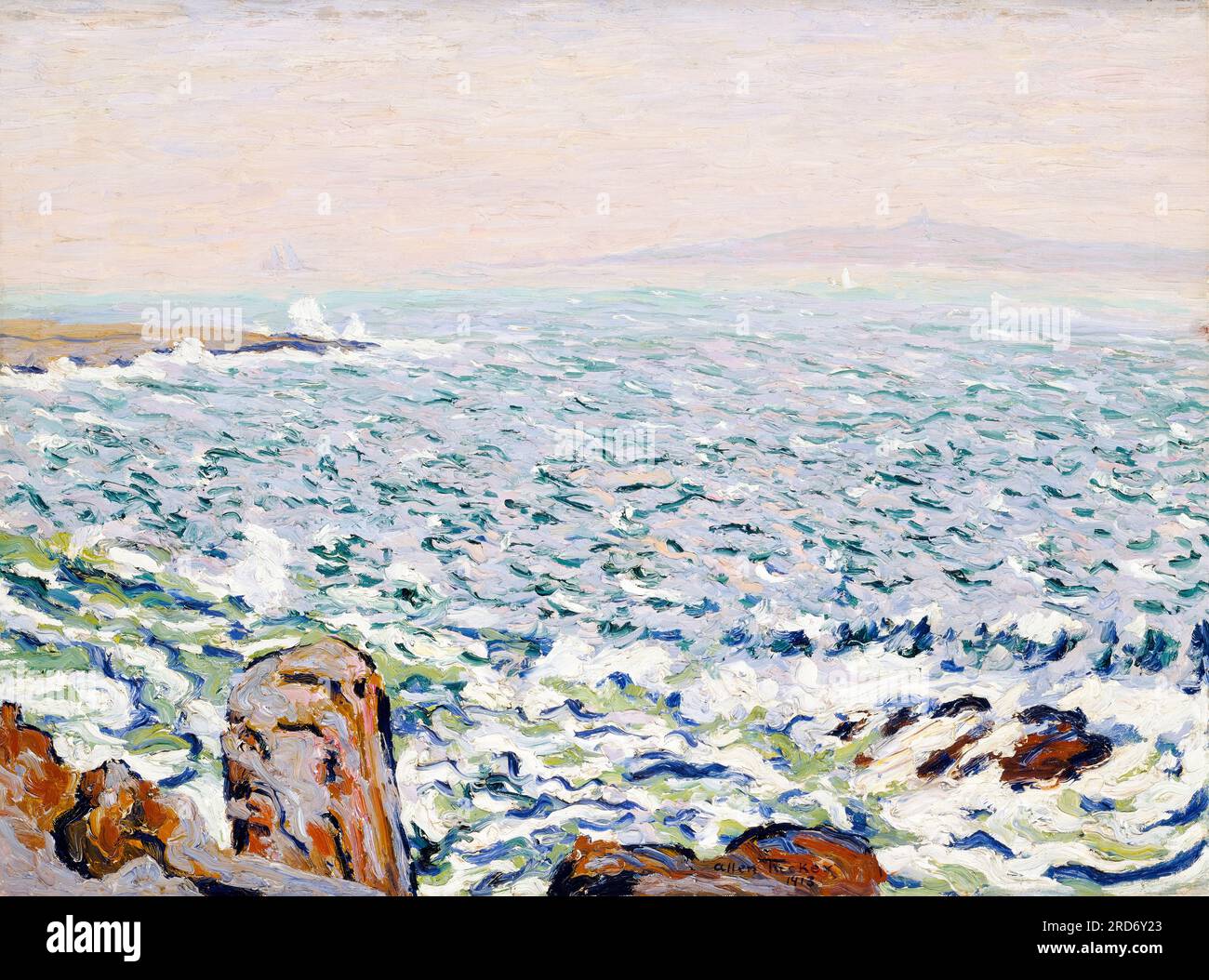 Allen Tucker paesaggio dipinto, Surf Breaking, Cranberry Island, olio su tela, 1913 Foto Stock