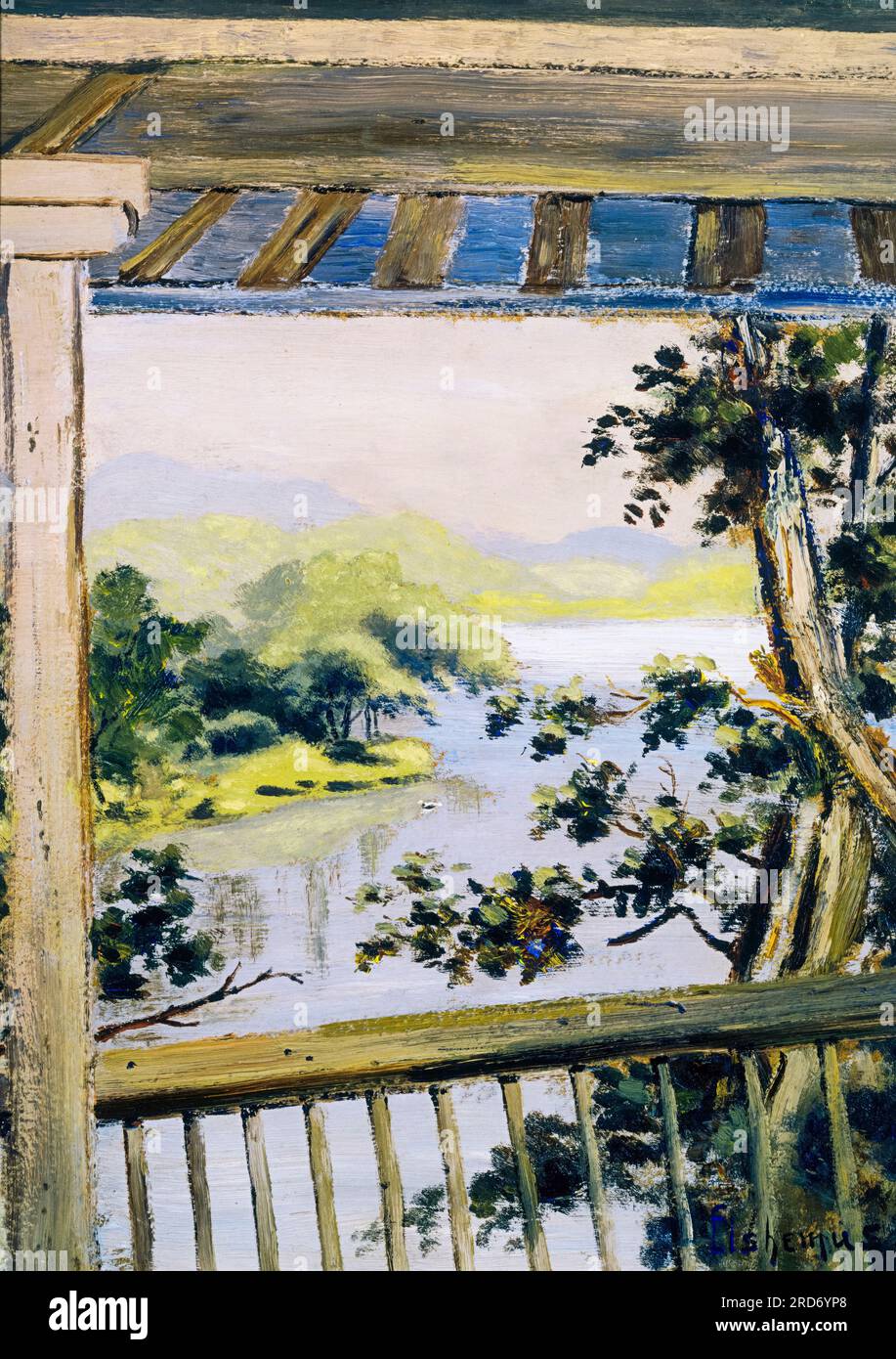 Louis Eilshemius, balcone, Delaware Water Gap, pittura ad olio su parquet, 1900 Foto Stock