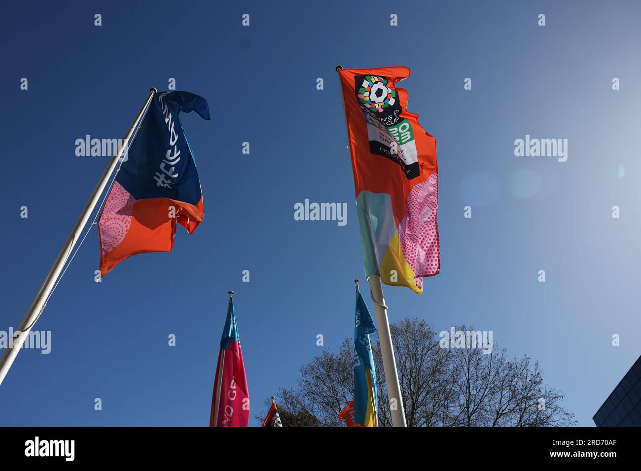 Sydney, Australia. 19 luglio 2023. Bandiere che pubblicizzano la Coppa del mondo femminile FIFA 2023 che inizia il 20 luglio, ospitata congiuntamente da Australia e nuova Zelanda. Credito: Isabel Infantes/Empics/Alamy Live News Foto Stock