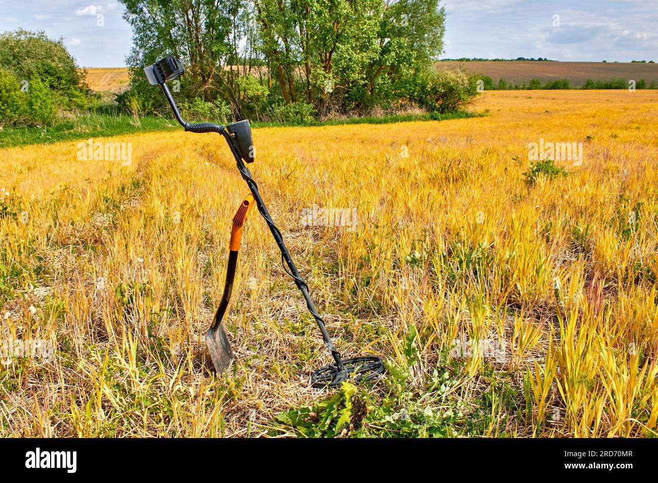 Rilevatore di metalli e pala per la ricerca di monete e metalli preziosi sullo sfondo di campi gialli e foreste verdi Foto Stock