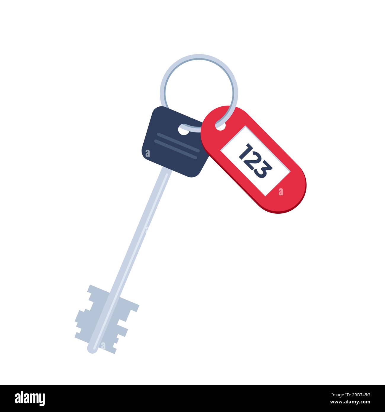 Chiave della porta dell'hotel moderna con distintivo del numero della camera. Illustrazione vettoriale in design piatto Illustrazione Vettoriale