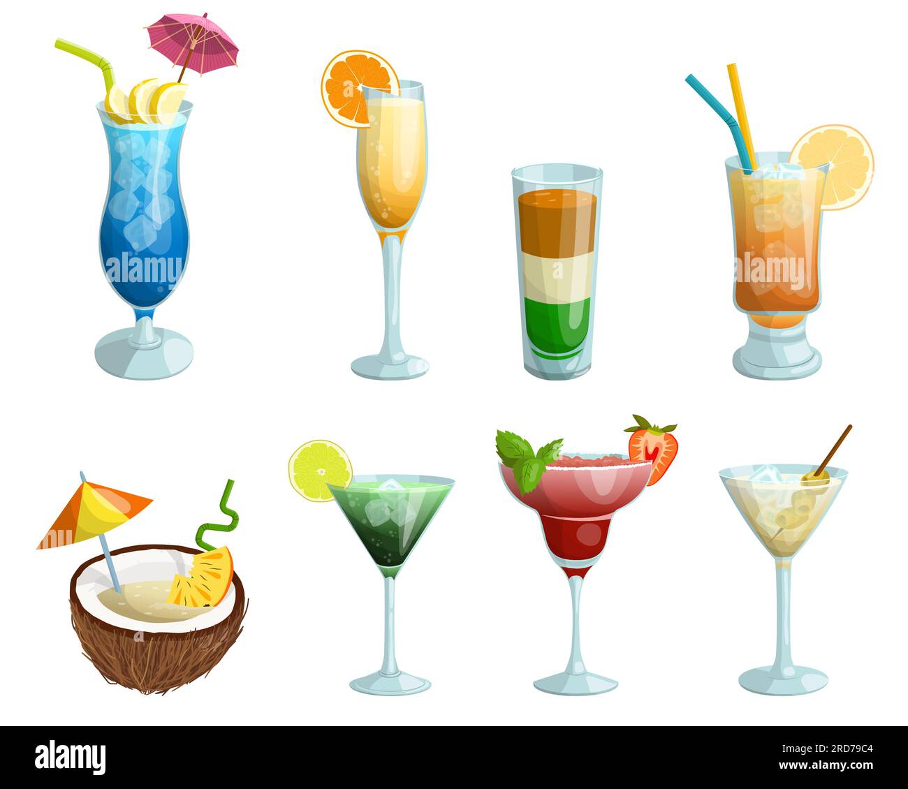Un set di cocktail tropicali. Laguna blu, mimosa, pina colada, martini, ecc. Illustrazione vettoriale su sfondo bianco Illustrazione Vettoriale