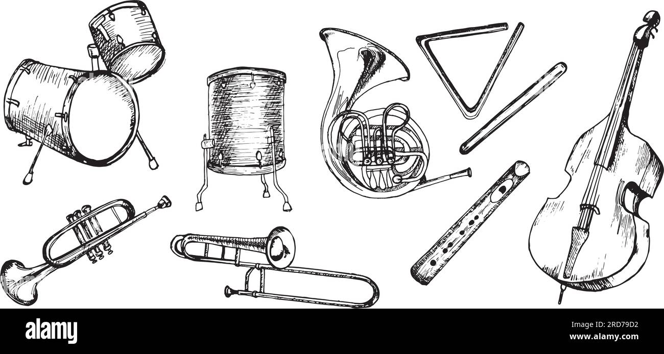 Set di kit batteria, contrabbasso, illustrazione vettoriale clacson francese isolata. Strumenti musicali disegnati a mano con inchiostro. Strumento a percussione sagoma bianco e nero Illustrazione Vettoriale