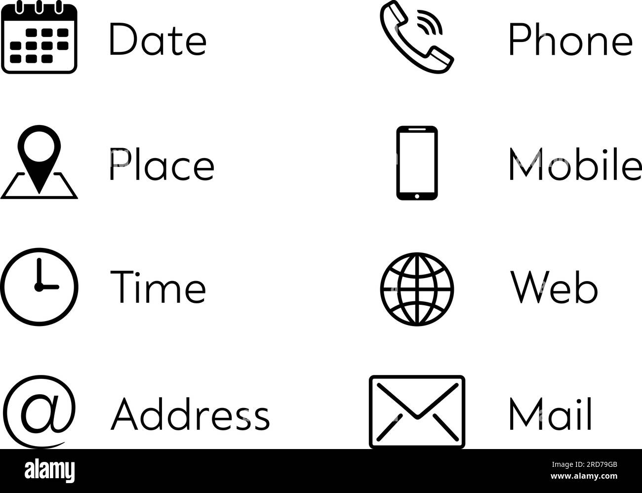 Icone aziendali sotto forma di data, luogo, ora, indirizzo, telefono, cellulare, web e posta elettronica Illustrazione Vettoriale
