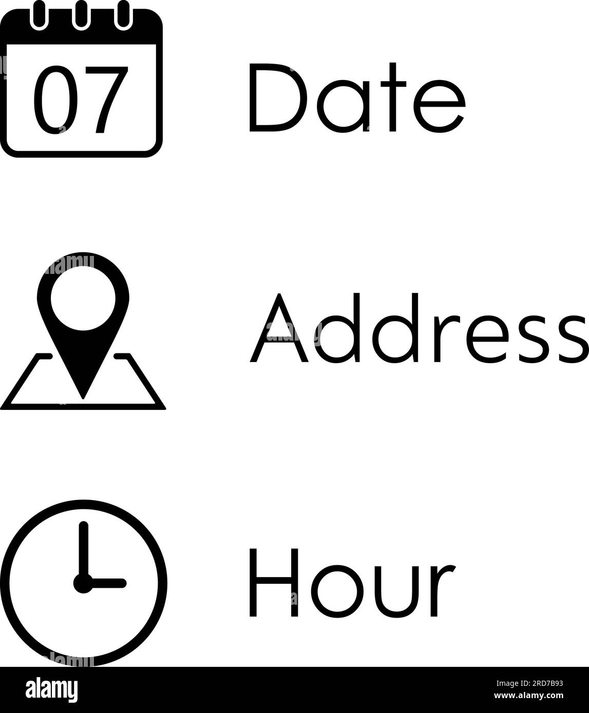 Icone vettoriali di indirizzo, data e ora come serie di icone promemoria Illustrazione Vettoriale