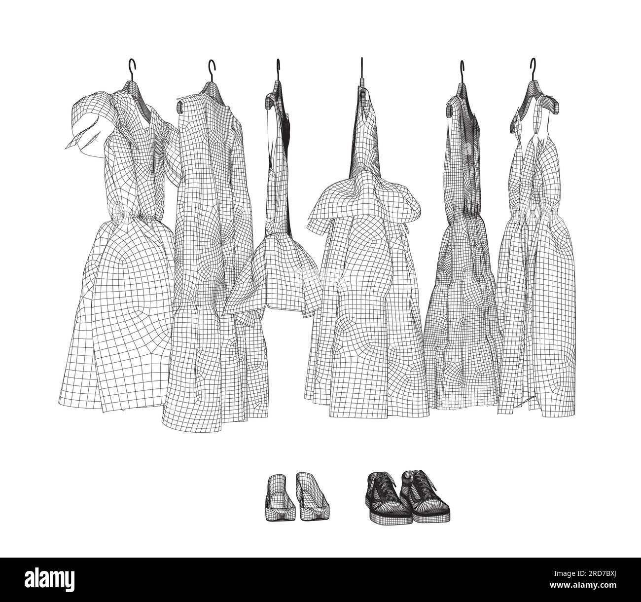 Abito contadino lungo - bambina/ragazza con struttura a wireframe, modello a disegno piatto vettoriale. Illustrazione tecnica della moda. Abito da vita Empire. 3D. Illustrazione Vettoriale