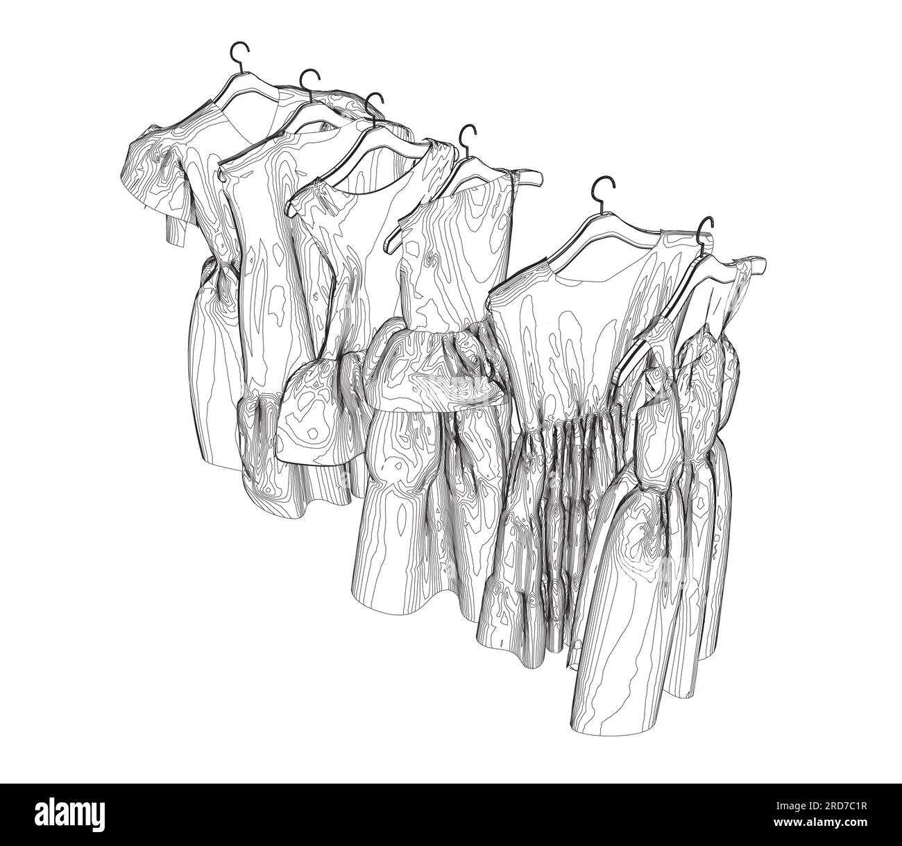 Abito lungo per bambina/ragazza con contorno, modello di disegno piatto vettoriale. Illustrazione tecnica della moda. Abito da vita Empire. Illustrazione Vettoriale
